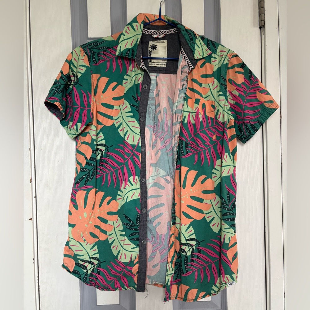 Free Planet Green and Orange Leaf Print Men's Shirt